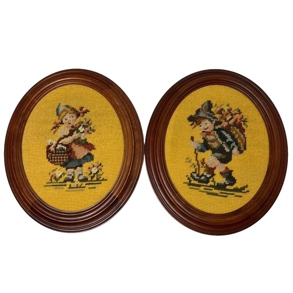 Vintage Needlepoint Hummel-Look Girl & Boy Oval Framed Petit Point Wood Gold - Picture 1 of 7